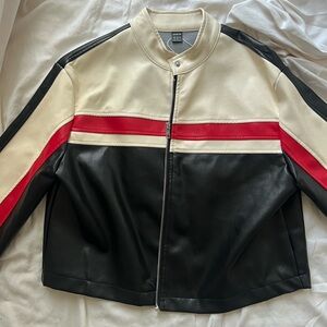 SHEIN Black and Cream Leather Jacket with Red Stripe